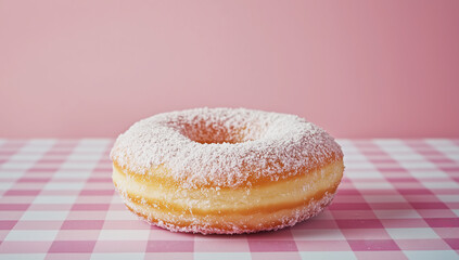 doughnut dusted with white powder, set on a checkered tablecloth against a pastel-colored background 