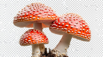 Obraz premium Vibrant red mushrooms with white spots growing on a forest floor in a natural setting