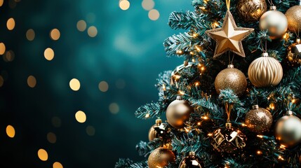 Fototapeta premium A beautifully decorated Christmas tree adorned with golden ornaments, twinkling lights, and a shimmering star on top. The festive design brings warmth and joy to the holiday season.