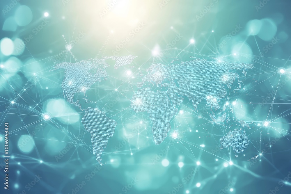 Poster blue background with a digital world map and global network connections. generative ai.