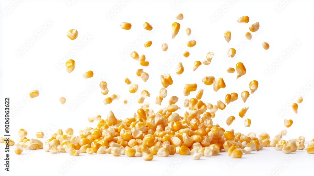 Poster yellow corn kernels scattered against a white background in a dynamic and vibrant display of texture