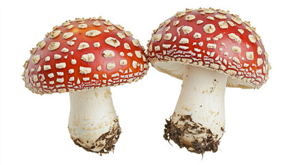 Obraz premium Bright red mushrooms with white spots growing together in a natural setting during autumn