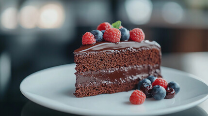 Delicious chocolate cake slice with fresh berries on a plate in a dining setting