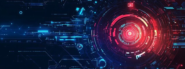 Fototapeta premium Abstract digital technology background with glowing red and blue circles and lines.