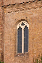 Tall Window at Medieval Bricks Building in Rome Italy