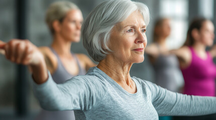 Seniors practicing balance exercises, elderly fitness program, focus and concentration