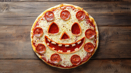 Halloween-themed pizza with pepperoni and cheese, decorated as a jack-o-lantern face on a wooden background 