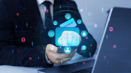 Online banking, financial, smart technology and E-wallet.Bank manager using laptop to connect digital Wallet technology. Business financial technology and development software with smart technology.