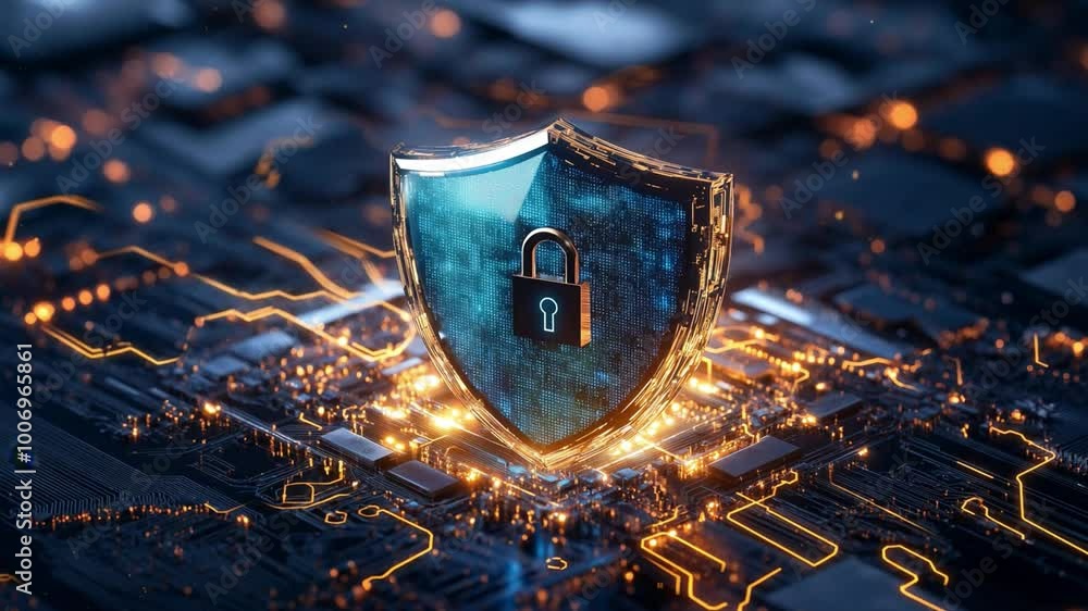 Poster a visualization of a protective shield symbolizing cybersecurity, surrounded by glowing circuits and