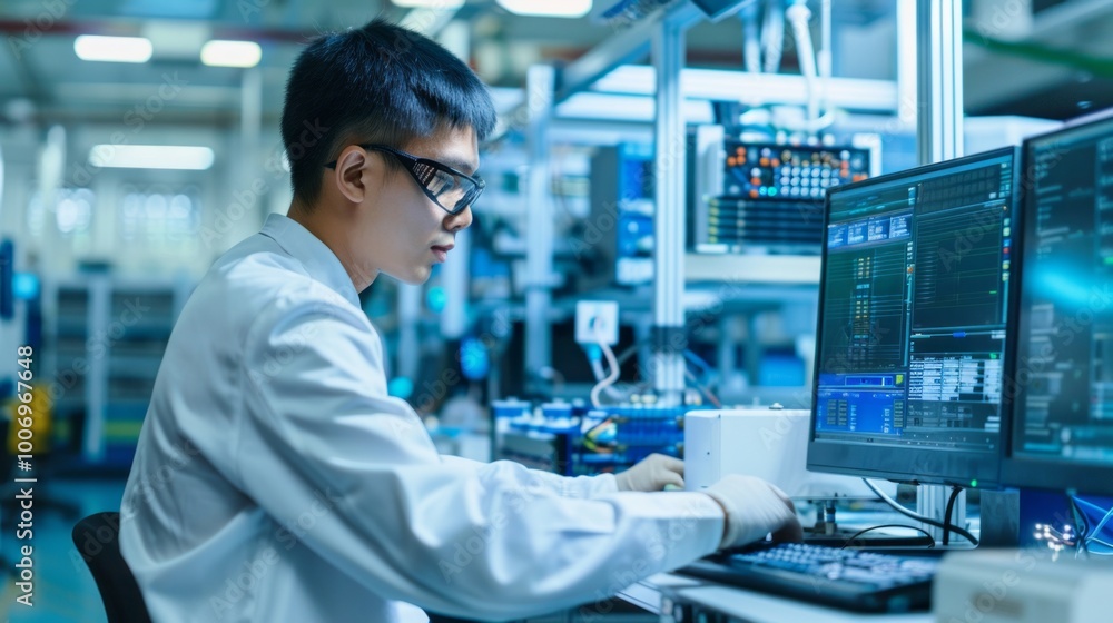 Aufkleber a man in a lab coat is working on a computer