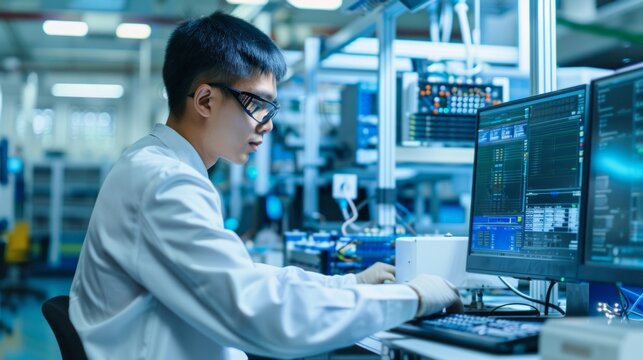 A man in a lab coat is working on a computer