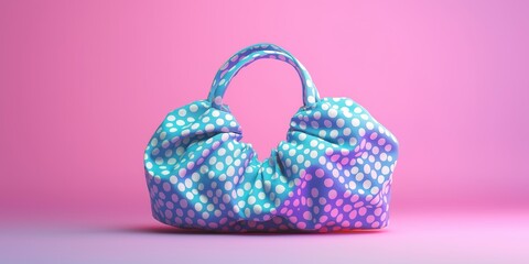A playful polka-dot handbag in bright colors, featuring a unique design and a soft, puffy shape against a gradient pink background