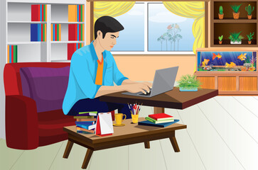 one man is sitting and working from home vector design