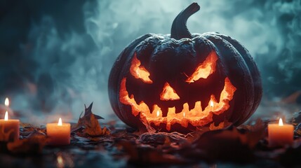 Fototapeta premium A close-up of a beautifully carved pumpkin with glowing candles inside, set against a misty background. The warm light creates an enchanting atmosphere, perfect for Halloween.