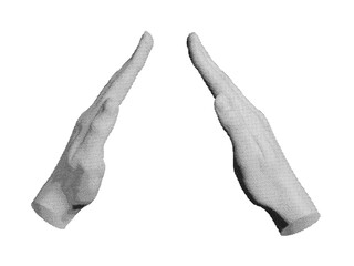 Two hands protecting gesture, caring sign, space between palms. Halftone style vector isolated on white background.