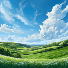 Fototapeta premium beautiful summer landscape featuring vibrant green meadow under bright blue sky filled with fluffy clouds. serene scenery evokes sense of peace and tranquility