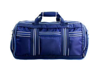 a blue duffel bag with white stripes