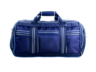 a blue duffel bag with white stripes