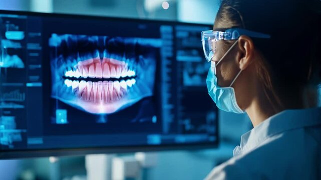 A dental professional analyzes a digital X-ray displaying teeth alignment and dental health in a modern clinic