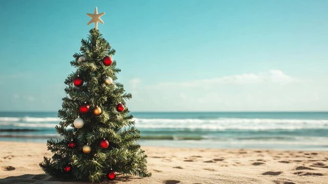A Christmas tree adorned with ornaments stands tall on the beach, framed by the ocean waves and a clear sky, celebrating the holiday season
