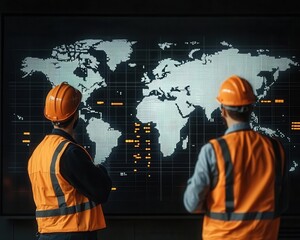 Engineers mapping out global shipping routes overlaid with financial graphs, global logistics, supply chain economics