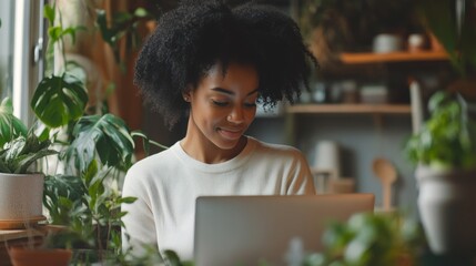 Young woman attending a virtual wellness retreat, engaging in mindfulness exercises and healthy cooking tutorials from her home