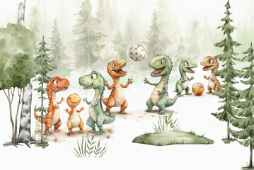 Cheerful, cute dinosaurs playing in the forest. 