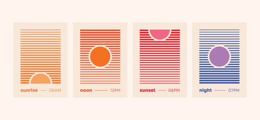 Poster Set Sunrise Noon Sunset Night Concept Minimalist Retro