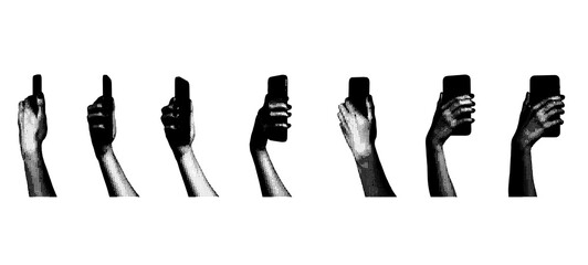 Hand holding mobile phone, smartphone, set. Halftone style vector isolated on white background.