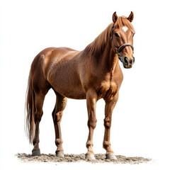 Naklejka premium majestic brown horse stands proudly, showcasing its strong physique and shiny coat. horse exudes confidence and grace, making it stunning subject for any equine enthusiast