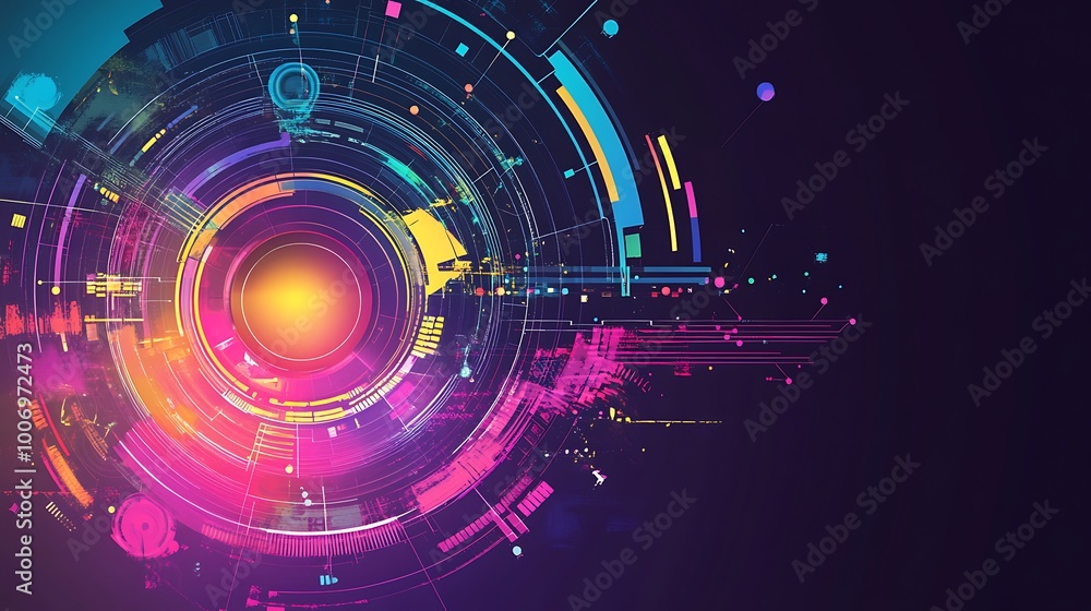Poster abstract digital background with a central circle of glowing light surrounded by geometric shapes an