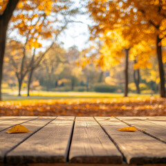 serene wooden table in park surrounded by vibrant autumn foliage creates warm and inviting atmosphere. blurred background enhances beauty of golden leaves