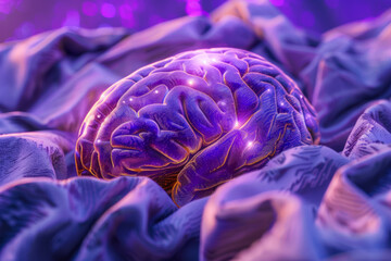 Stressed brain wrapped in purple blanket. Symbolizing of antistress treatment