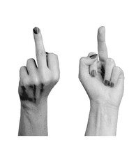 Obraz premium Rude offensive gesture, middle finger symbol, hand sign. Halftone style vector isolated on white background.