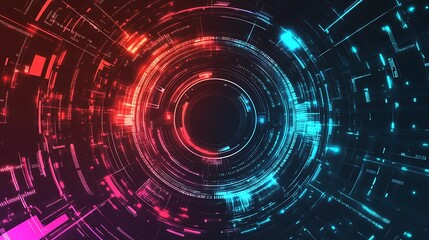 Fototapeta premium Abstract circular pattern with glowing red, blue, and pink lines.