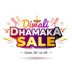 Diwali dhamaka sale offer logo design with Diwali oil lamp, cracker, rocket, fireworks and celebration lights.