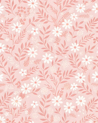 Pink Floral Seamless Pattern:  A delicate and charming floral pattern featuring dainty white flowers and delicate pink leaves on a soft pink background.