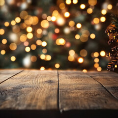 beautifully blurred Christmas background featuring warm bokeh lights and rustic wooden table, creating cozy and festive atmosphere perfect for holiday celebrations