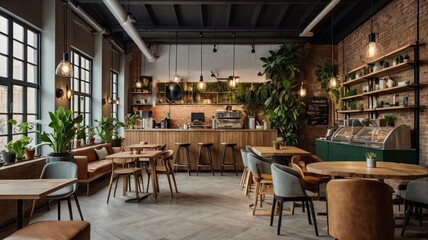 Obraz premium Industrial Chic Cafe Interior: A cozy and inviting cafe space with exposed brick walls, wooden furniture, and lush greenery.