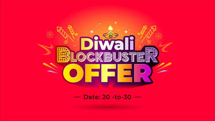 Diwali blockbuster offers logo for sale promotion. Vibrant red background with oil lamp lanterns, lights and crackers.
