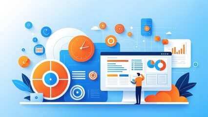 A digital workspace featuring analytics and data visualization elements.