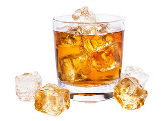 a glass of amber liquid with ice cubes