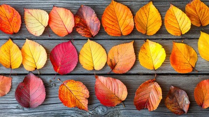 Fototapeta premium A close-up of fall leaves in varying shades of orange, yellow, and red arranged against a rustic wooden background. The warm colors and textures create a cozy autumn atmosphere.