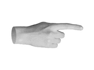 Finger pointing gesture, indicating aside. Pointer. Halftone textured style vector isolated on white background.