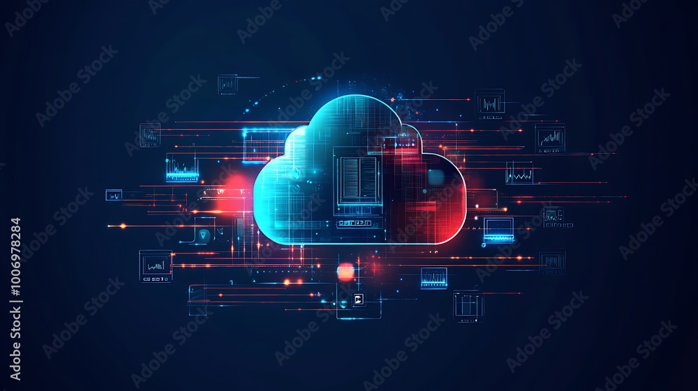 Leinwandbilder A glowing cloud computing icon, a digital symbol of modern data storage and processing, with lines of code and data visualizations.