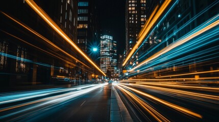 Obraz premium Vibrant City Skyline at Night with Light Streaks