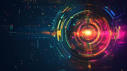 Obraz premium Abstract digital interface with glowing neon circles and lines on dark background.