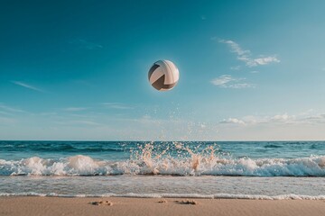 Volleyball in Mid Air Over Sandy Beach