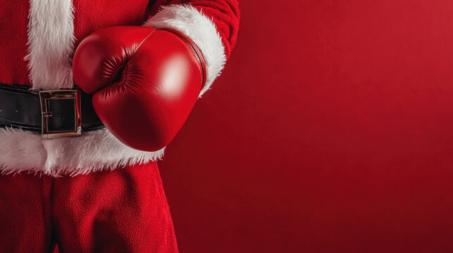 Santa Claus wearing boxing gloves. Christmas and Boxing Day concept. Gifts and sales.