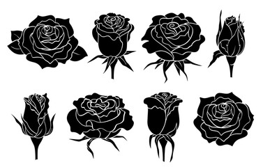 Rose flower heads black silhouette set isolated on white. Different blooming and close buds, hand drawing, stencil style. Vector clipart and png for wedding and holiday design and print, tattoo.